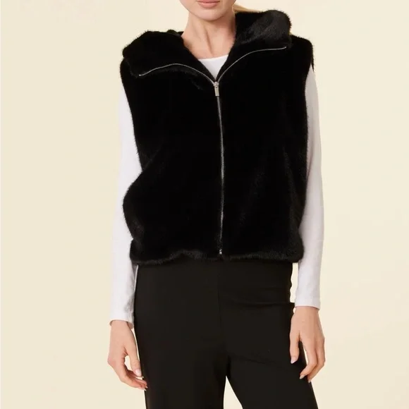 NWT Dolce Cabo Black Faux Fur Vest with hood